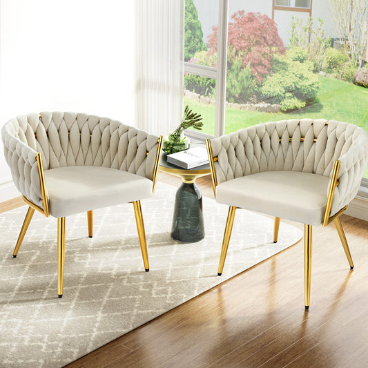 Elodie Set of 2 Dining Chair Velvet Weaving Armchair - Beige
