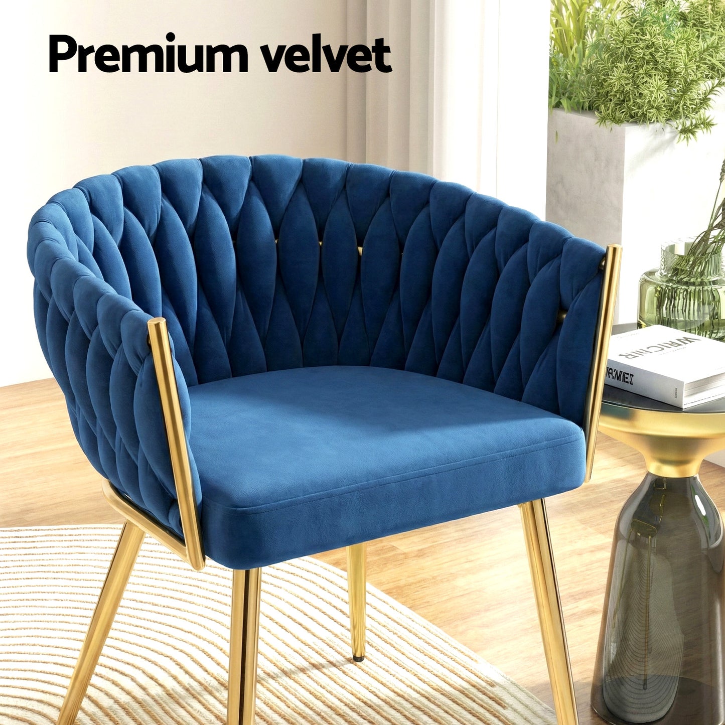 Elodie Set of 4 Dining Chair Velvet Weaving Armchair - Blue
