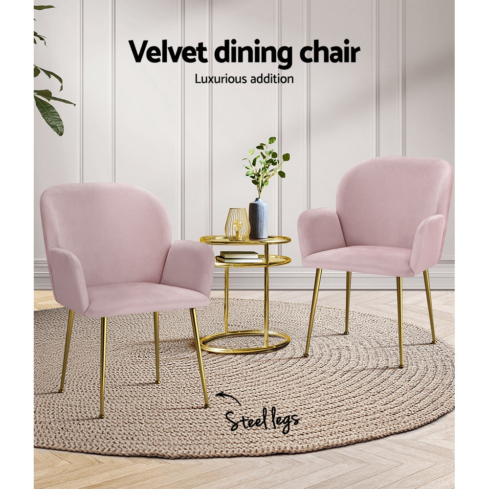 Bentley Set of 2 Dining Chairs Velvet Armchair - Pink