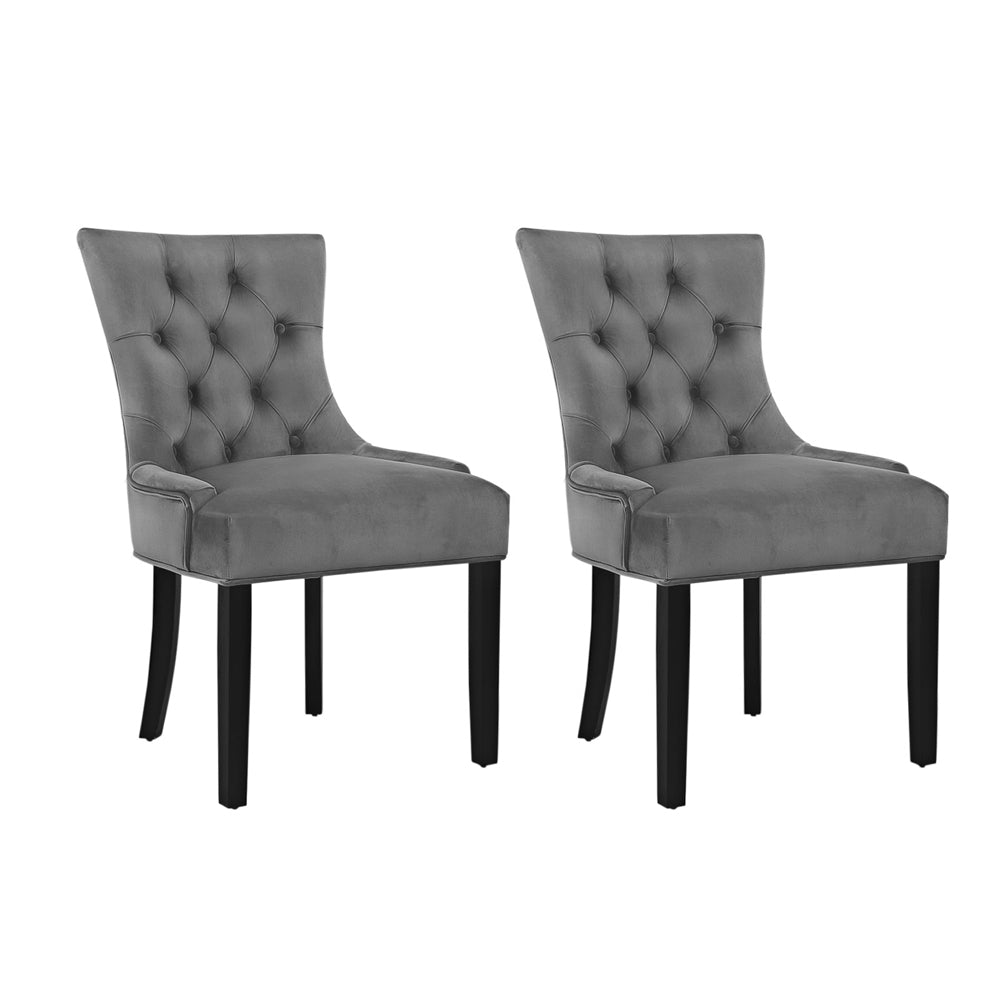 Layne Set of 2 Dining Chairs French Provincial Retro Wooden Velvet Fabric - Grey