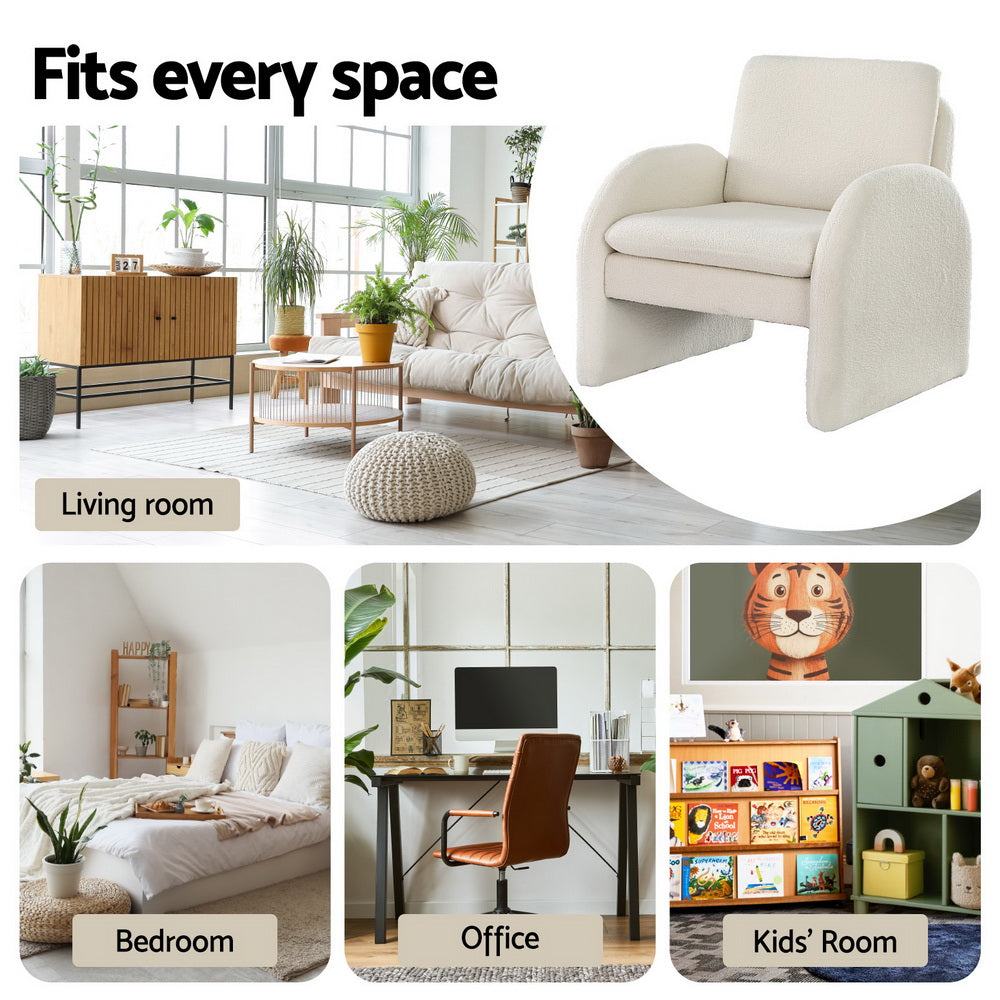 Musette Armchair Accent Chair Lounge Tub Sofa Couch Curved Arm Seat Boucle - White