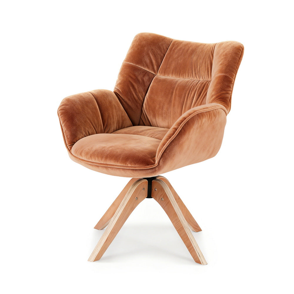 Angled view of Maren Swivel Chair Armchair Nursing Velvet - Brown with soft velvet upholstery and wooden legs for modern home decor.