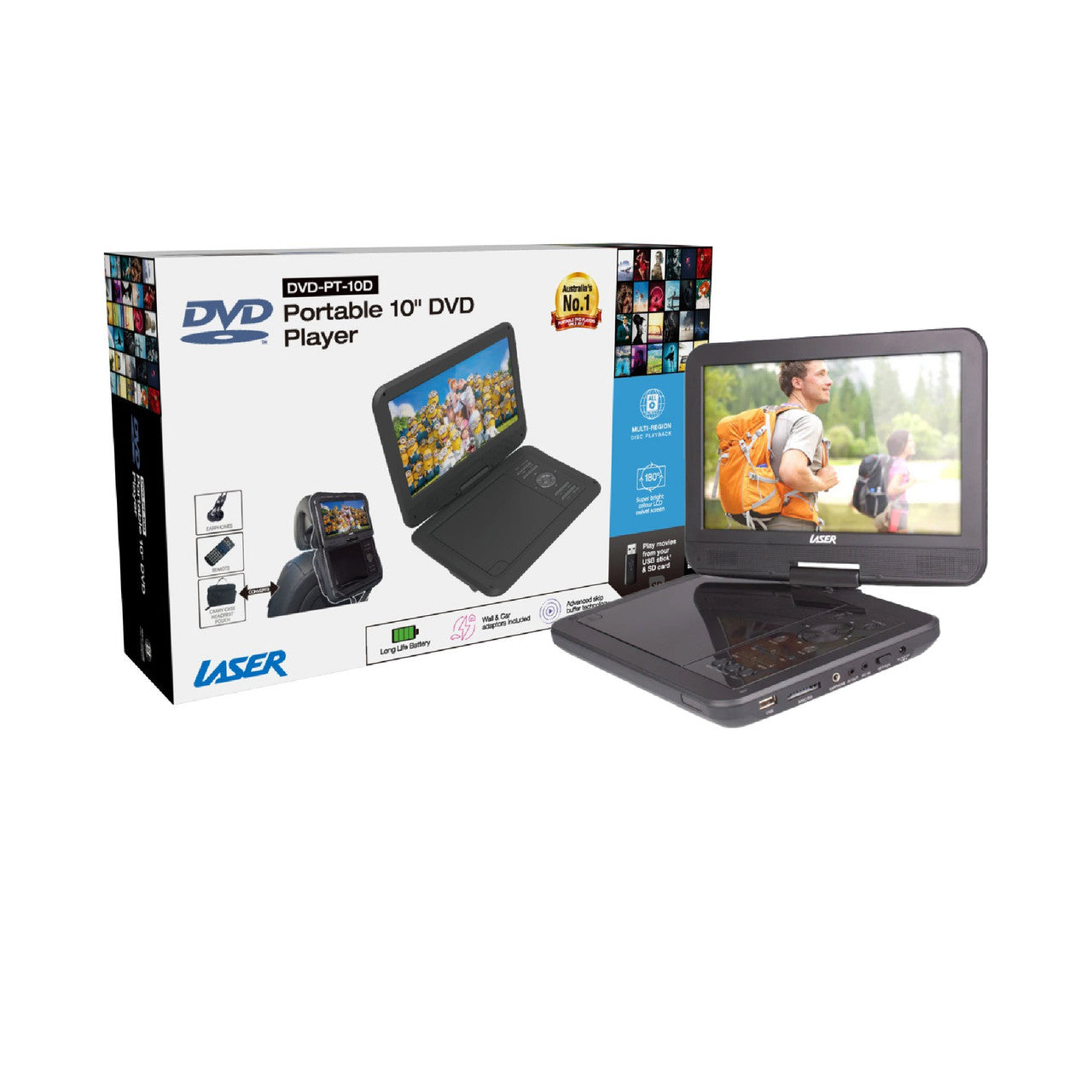Laser 10 Inch Portable DVD Player with Anti-Skip Technology