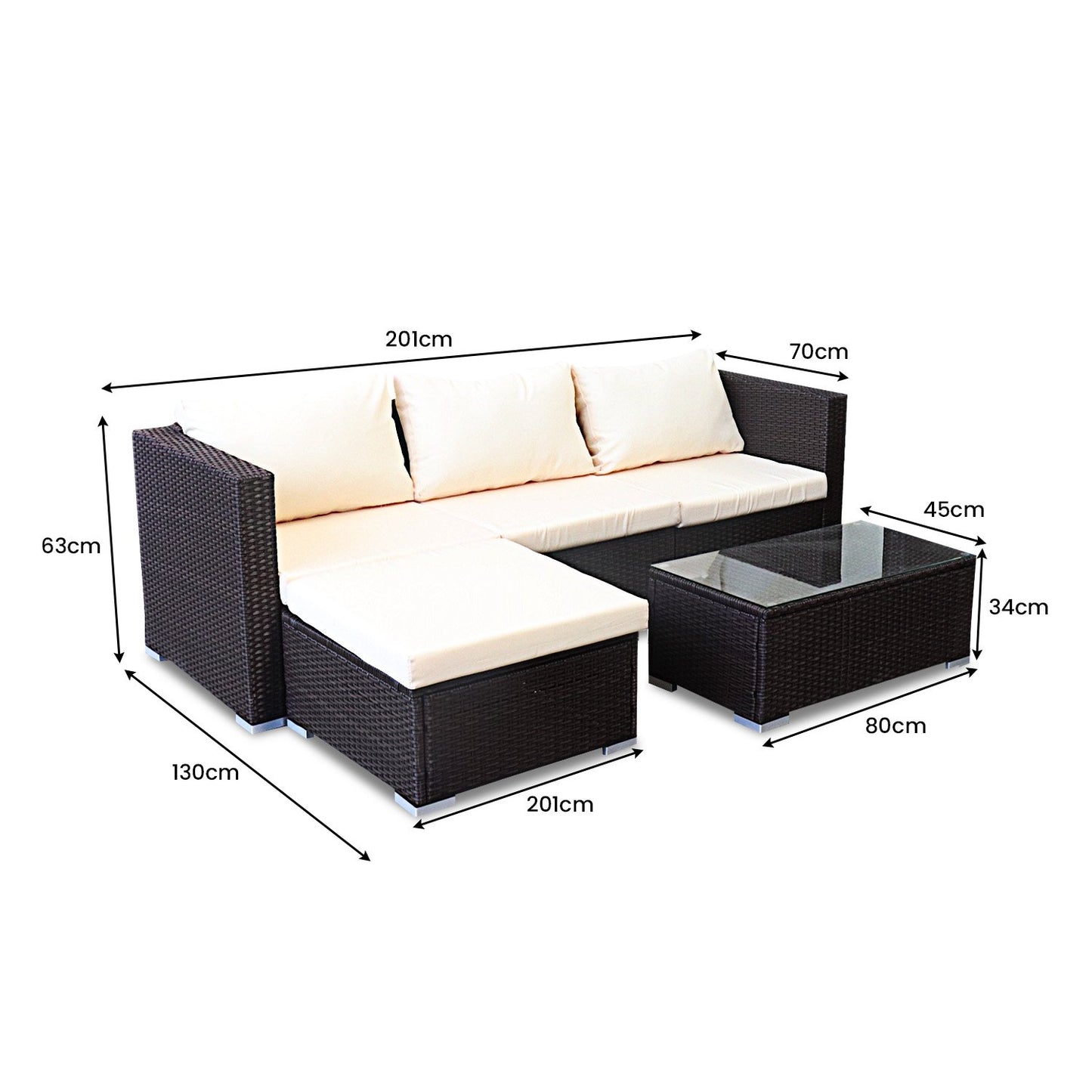 Sonny 4-Seater Modular Lounge Set PE Rattan 5-Piece Outdoor Sofa - Brown