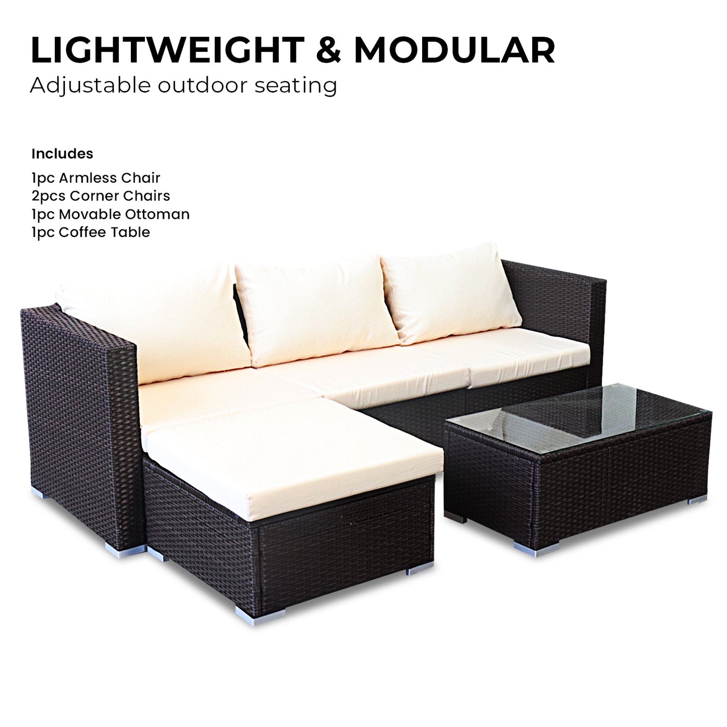 Sonny 4-Seater Modular Lounge Set PE Rattan 5-Piece Outdoor Sofa - Brown