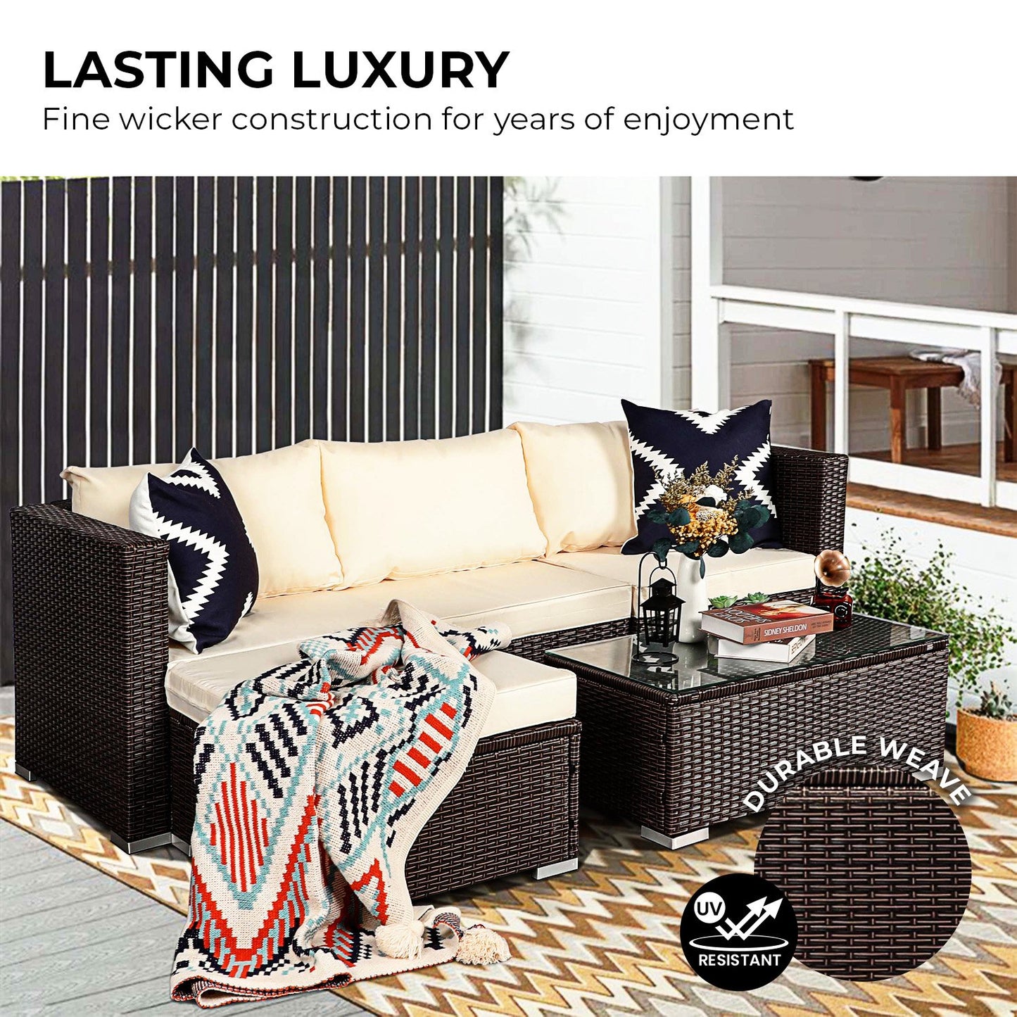 Sonny 4-Seater Modular Lounge Set PE Rattan 5-Piece Outdoor Sofa - Brown