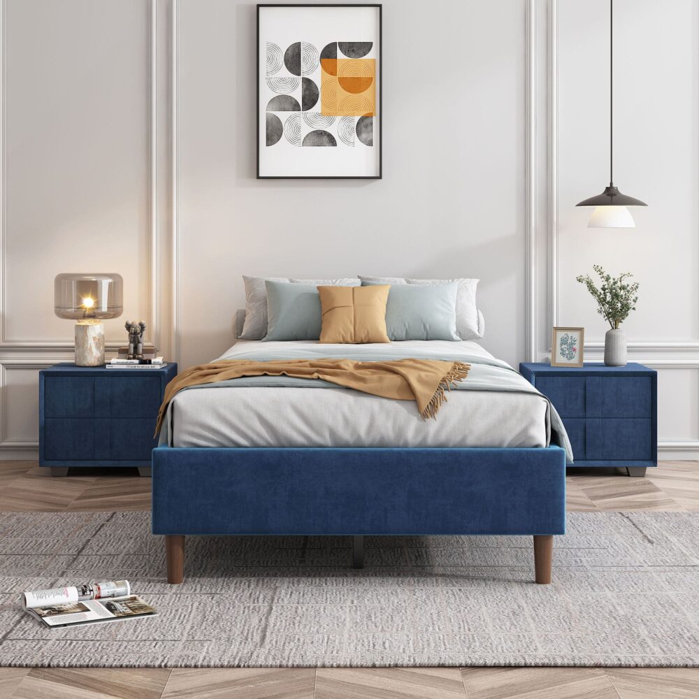 Maya Velvet Bed Frame - Blue Queen