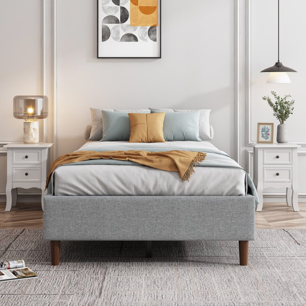 Maya Bedframe with Wooden Slats - Light Grey Queen