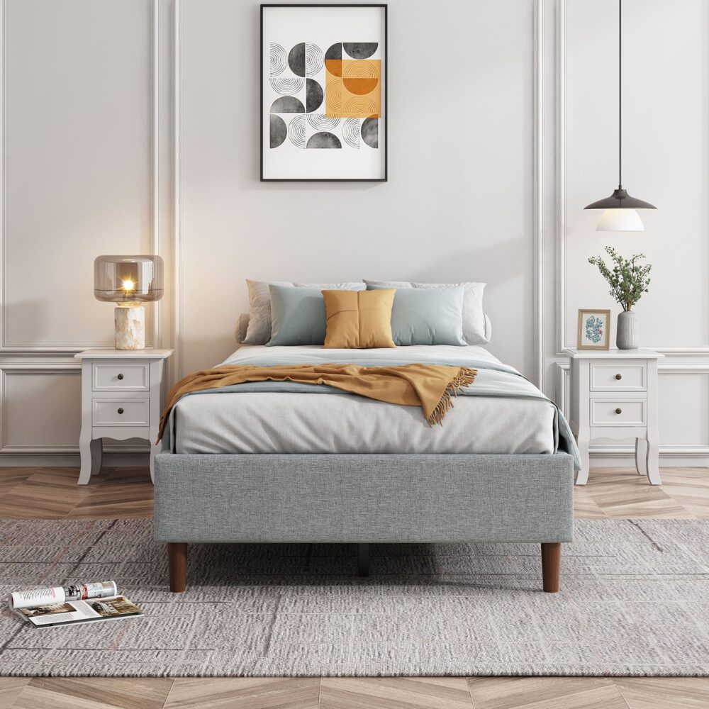 Maya Bedframe with Wooden Slats - Light Grey Queen