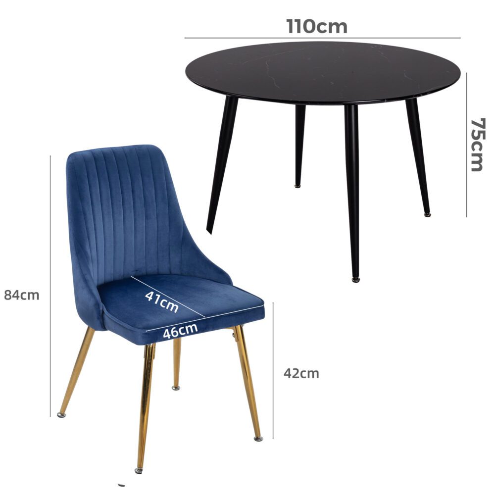 5-Piece Ermes Blue Dining Table & Chair Set Velvet Bistro
