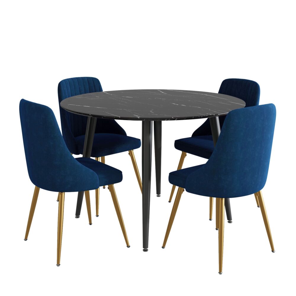 5-Piece Ermes Blue Dining Table & Chair Set Velvet Bistro