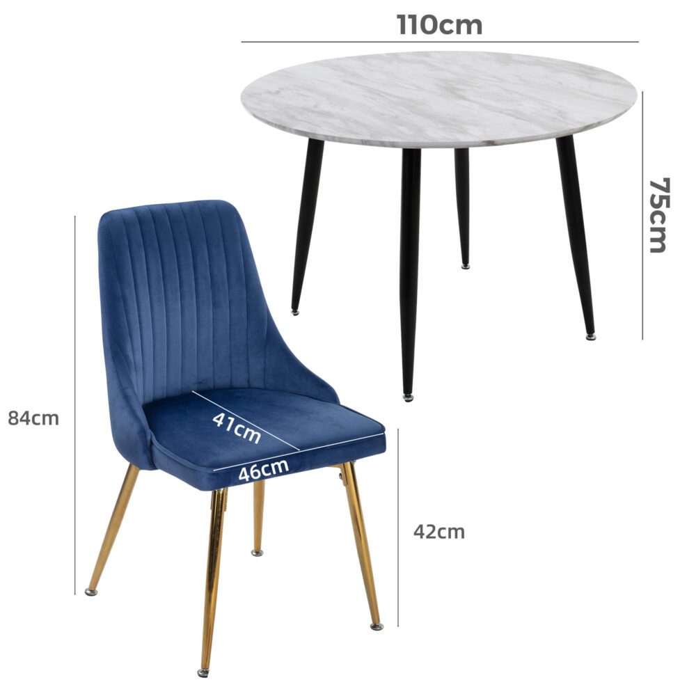 5-Piece Ermes Blue Dining Table & Chair Set Velvet Bistro