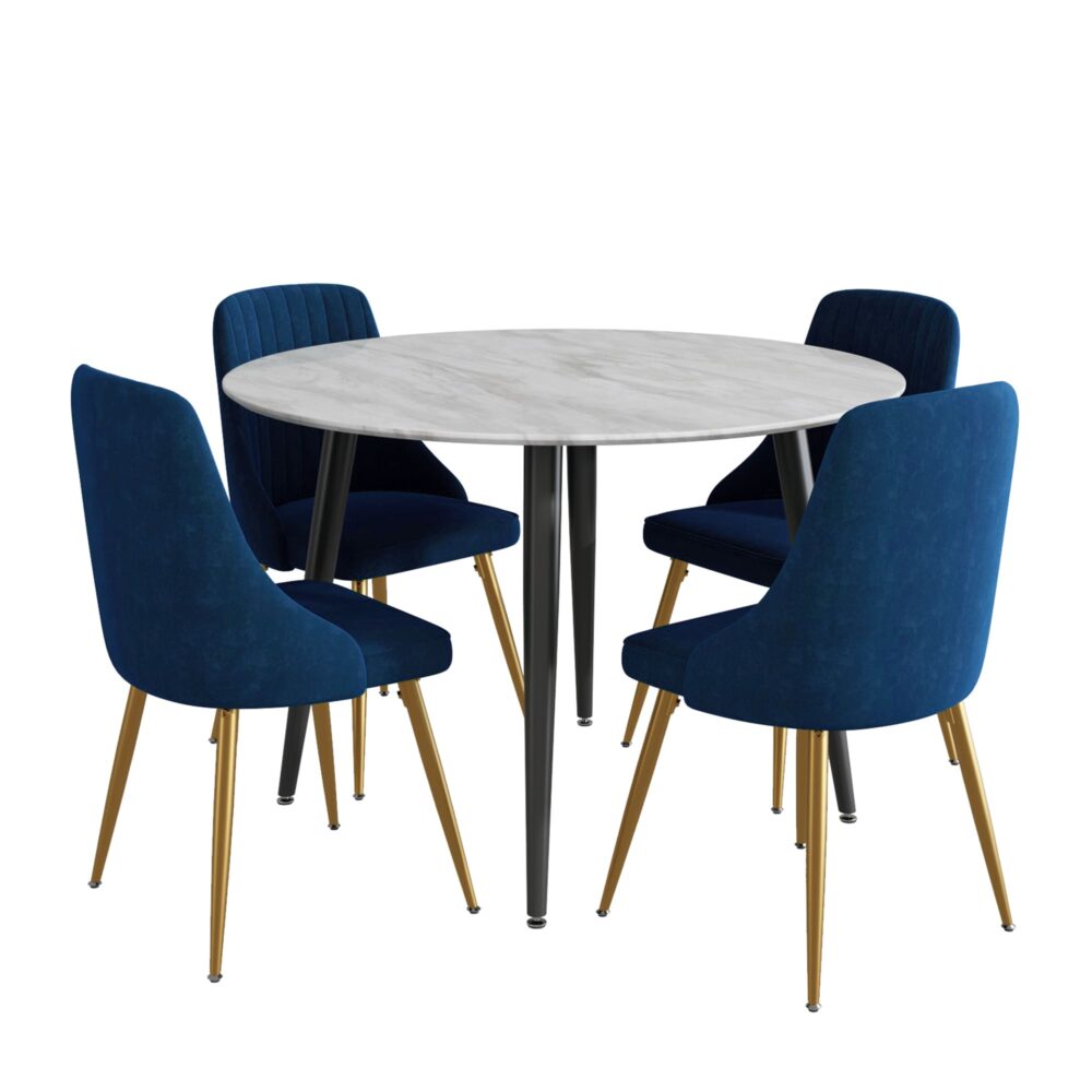 5-Piece Ermes Blue Dining Table & Chair Set Velvet Bistro