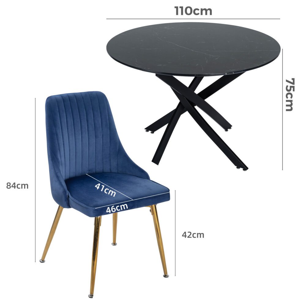5-Piece Lello Blue Dining Table & Chair Set Marble Velvet
