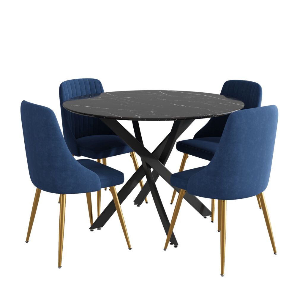 5-Piece Lello Blue Dining Table & Chair Set Marble Velvet
