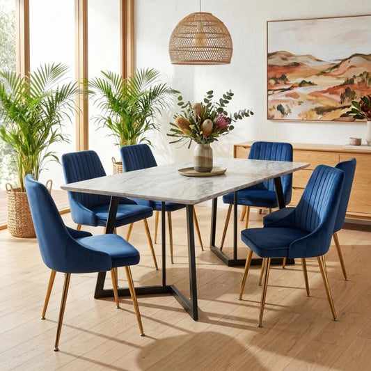 6-Piece Zelma Blue Dining Table & Chair Set Marble Bliss Velvet