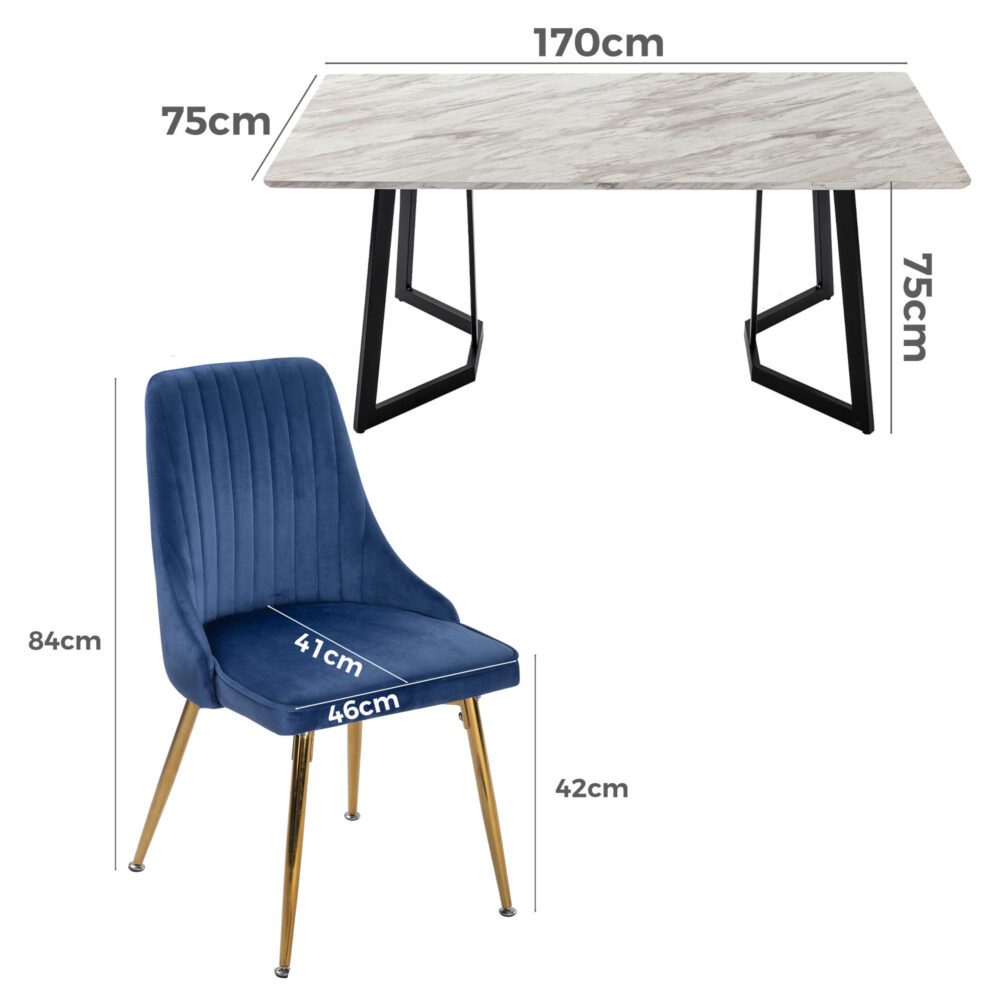 6-Piece Zelma Blue Dining Table & Chair Set Marble Bliss Velvet