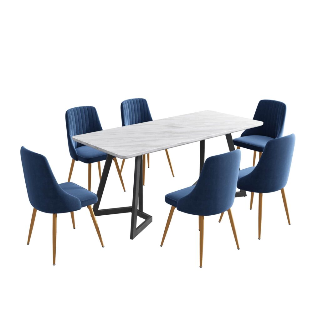 6-Piece Zelma Blue Dining Table & Chair Set Marble Bliss Velvet