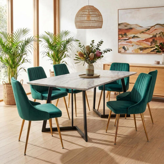 6-Piece Zelma Green Dining Table & Chair Set Marble Bliss Velvet