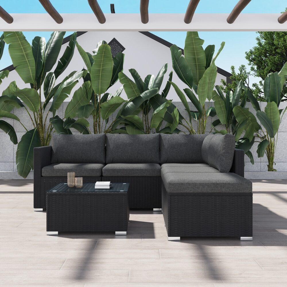 Perry 5-Seater Ottoman-Style Outdoor Lounge Set - Black