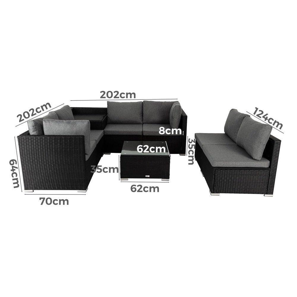 Spencer 7-Seater Furniture Modular Lounge Sofa 8-Piece Outdoor Sofa - Black