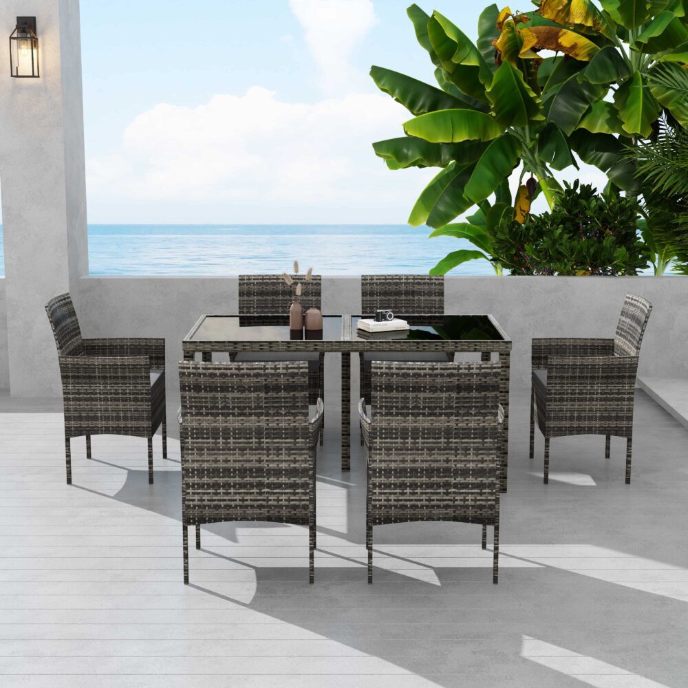 Lowry 6-Seater Rural Style Wicker 7-Piece Dining Set - Grey
