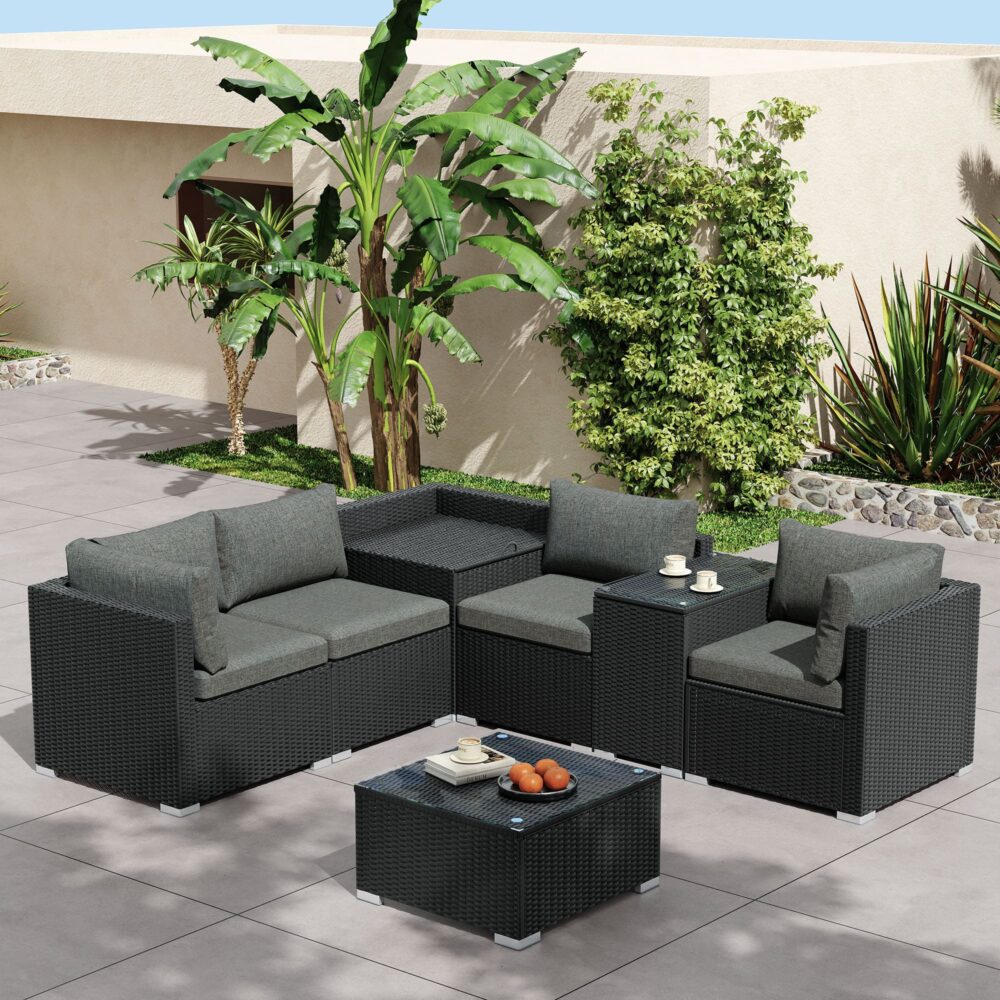Quincy 6-Seater Wicker Loveseat 7-Piece Outdoor Wicker with Storage Cover - Black