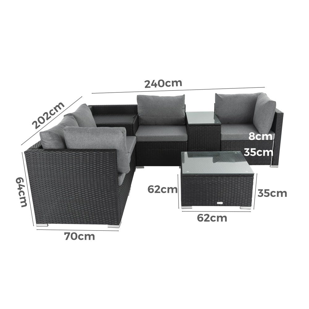 Quincy 6-Seater Wicker Loveseat 7-Piece Outdoor Wicker with Storage Cover - Black