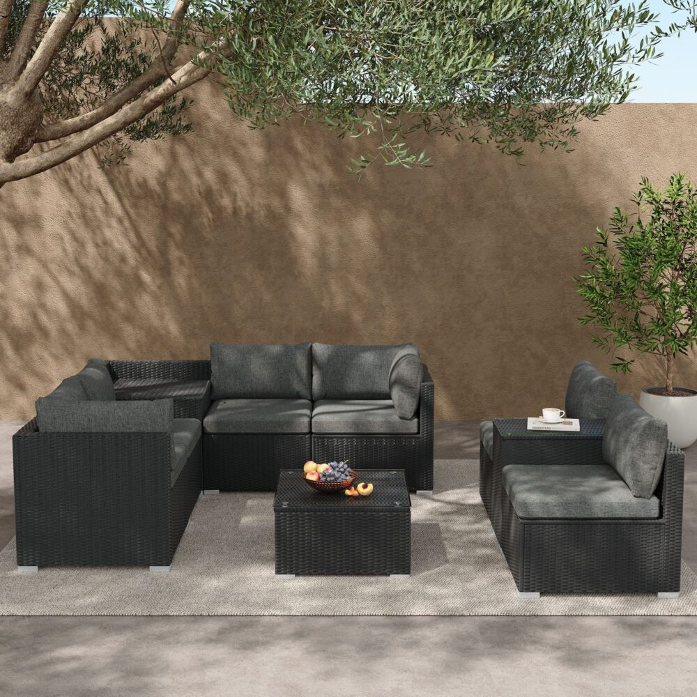 Quincy 8-Seater Modular Armchairs and Coffee Table 9-Piece Outdoor Sofa - Black