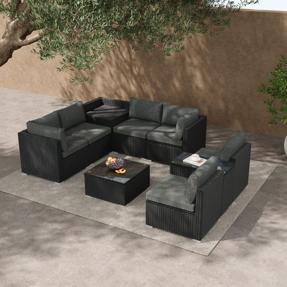 Quincy 8-Seater Modular Armchairs and Coffee Table 9-Piece Outdoor Sofa - Black