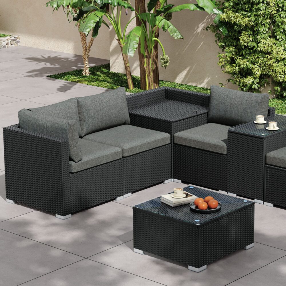 Quincy 8-Seater Modular Armchairs and Coffee Table 9-Piece Outdoor Sofa - Black