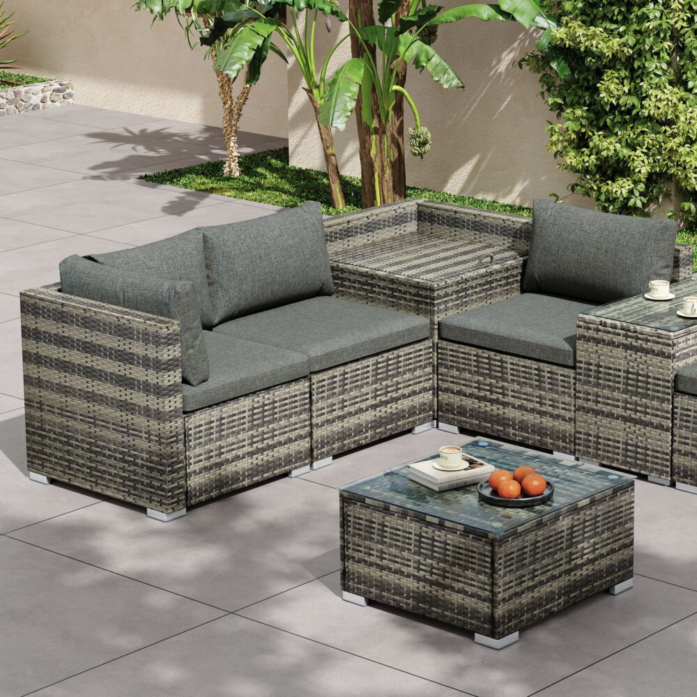 Quincy 6-Seater Wicker Lounge 7-Piece Outdoor Wicker with Storage Cover - Grey