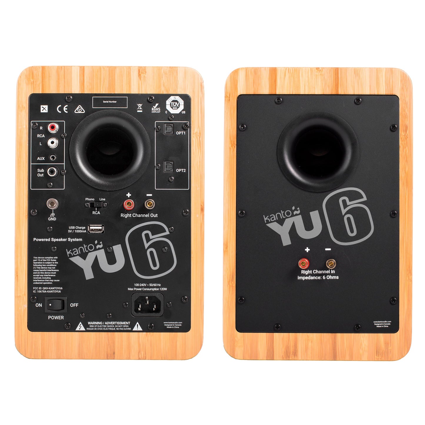 YU6 200W Powered Bookshelf Speakers with Bluetooth and Phono Preamp - Bamboo