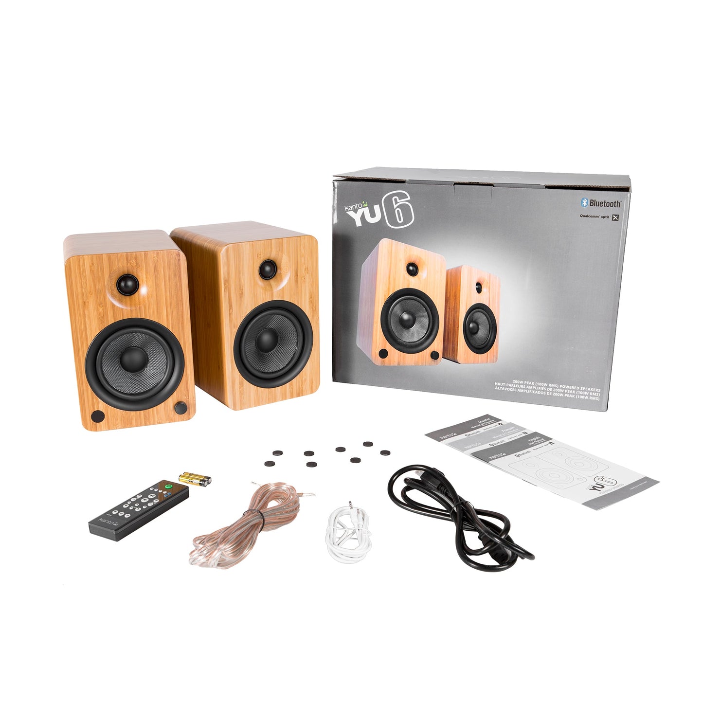 YU6 200W Powered Bookshelf Speakers with Bluetooth and Phono Preamp - Bamboo