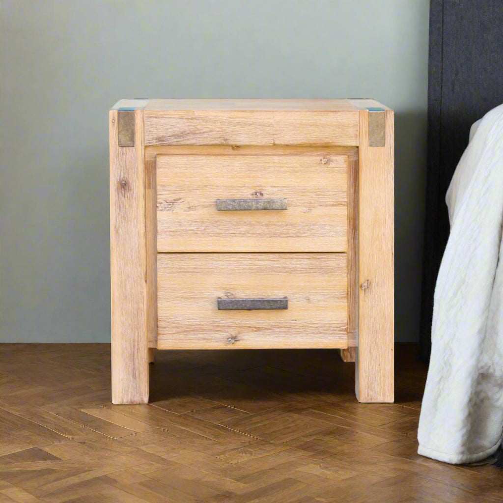 Iqaluit Wooden Bedside Tables Night Stand Solid Wood Acacia with 2 Drawers - Oak