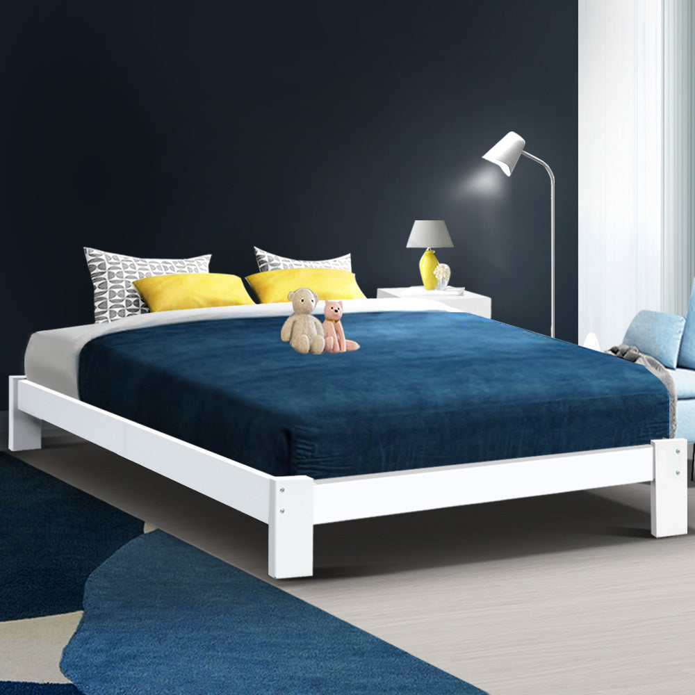 Cassidy Bed Frame Wooden Bed Base with Timber Foundation - White Queen