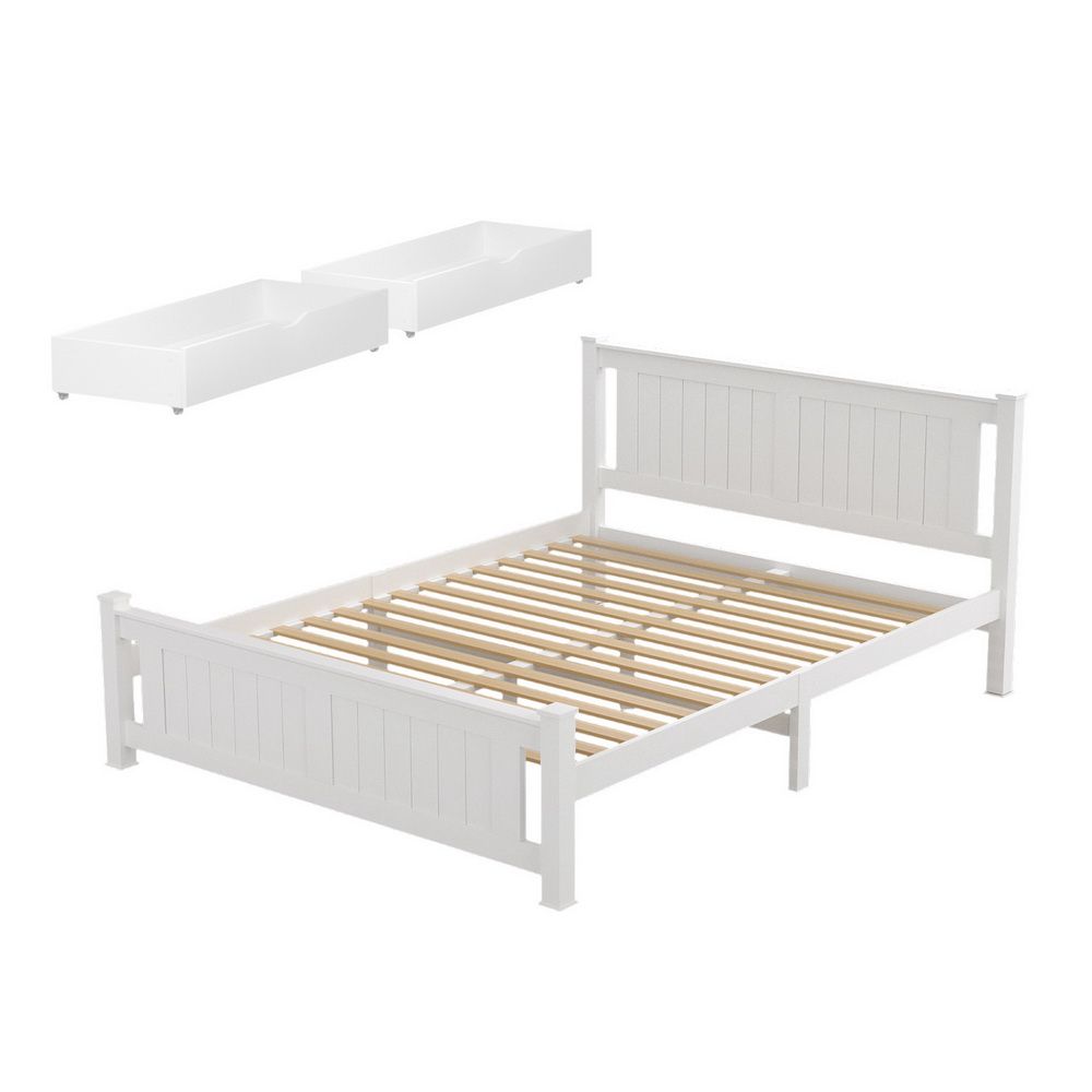 Mystique Bed Frame Size Wooden Platform with 2 Storage Drawers - White Double