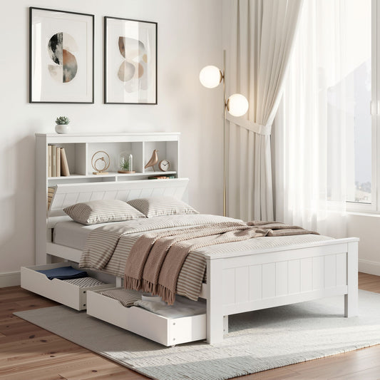 Glowra Bed Frame Wooden with 2 Storage Drawers - White King Single