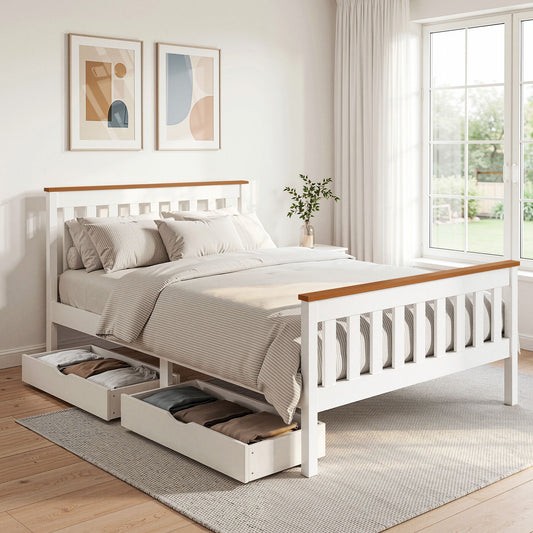 Breeze Bed Frame Wooden Platform with 2 Storage Drawers - White Double