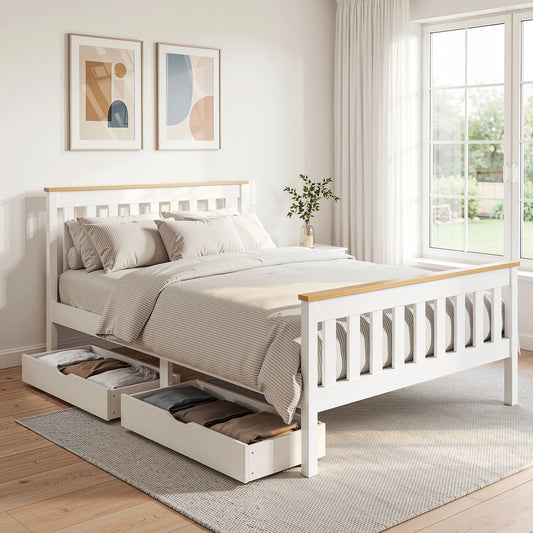 Breeze Bed Frame Wooden Platform with 2 Storage Drawers - White Double