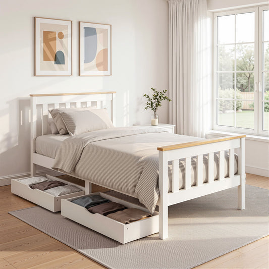 Breeze Bed Frame Wooden Platform with 2 Storage Drawers - White Single