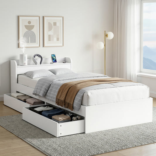 Maeve Bed Frame with Charging Ports and 2 Drawers - White King Single