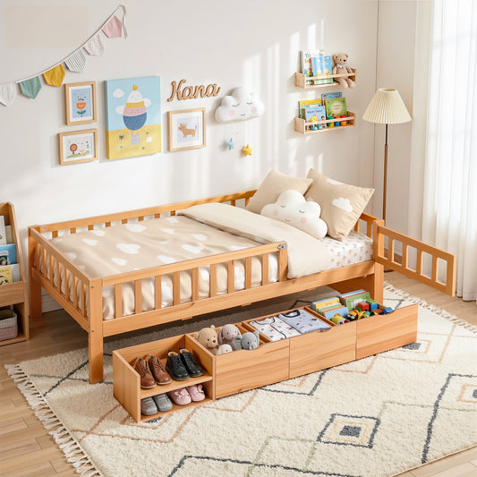 Harlem Kids Bed Frame with 3 Storage Drawer Montessori Bed - Natural Single
