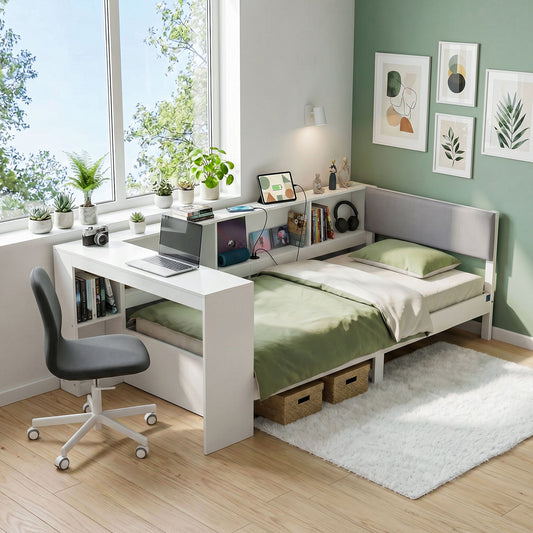 Sydney Solid Wood Corner Platform Bed Frame with Built-in Desk - White Single