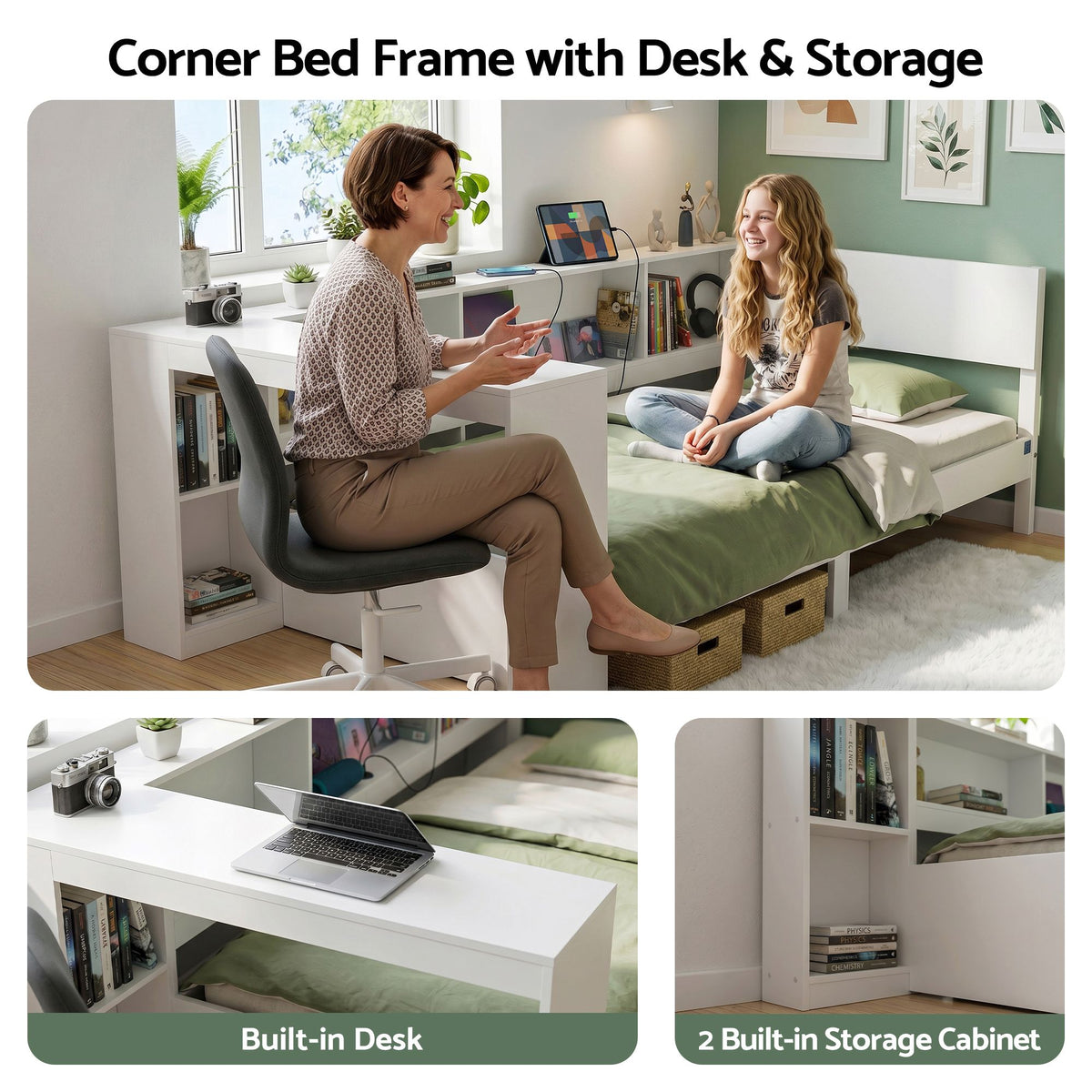 Sydney Solid Wood Corner Platform Bed Frame with Built-in Desk - White Single