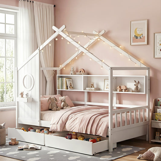 Karelia Kids Bed Frame Storage Bookcase & Drawers House Bed Solid Wood Montessori Bed - White Single