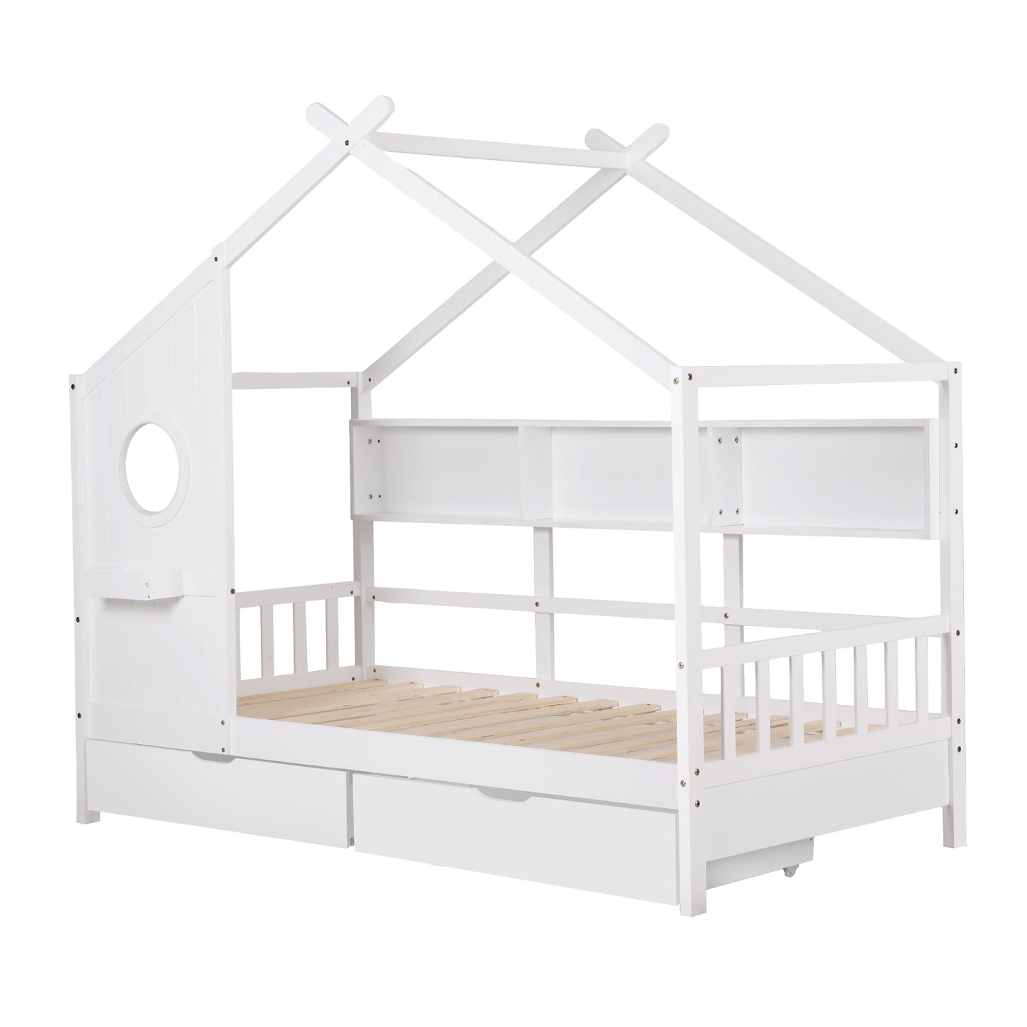 Karelia Kids Bed Frame Storage Bookcase & Drawers House Bed Solid Wood Montessori Bed - White Single