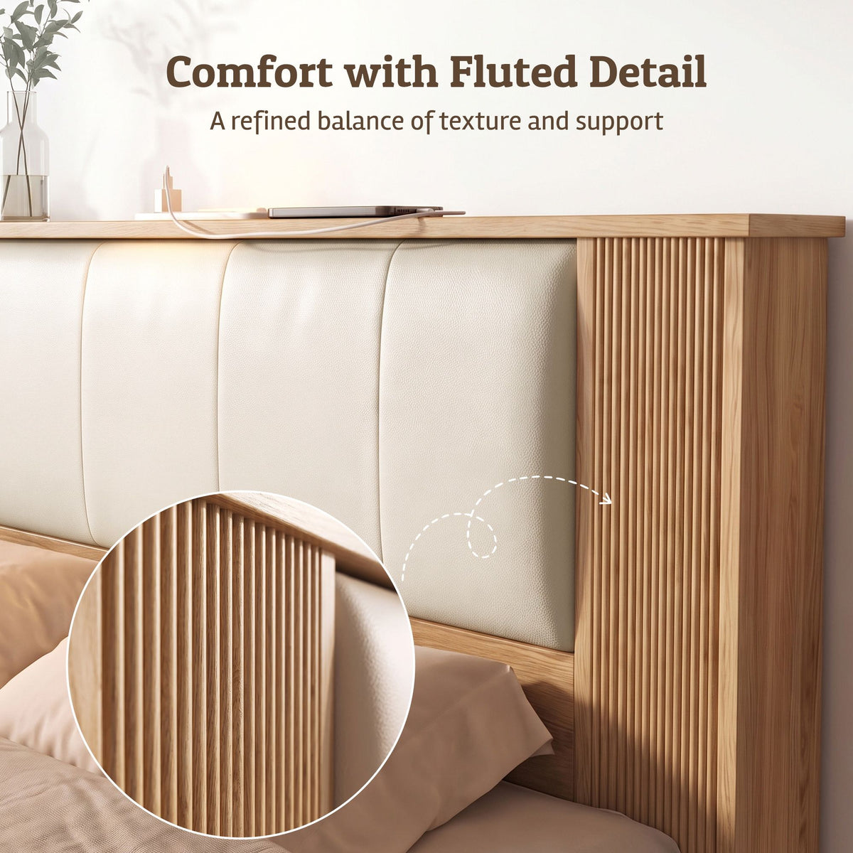 Kinsale Bed Frame with 2 Drawers PU Leather Headboard & Charging Station - Oak Queen