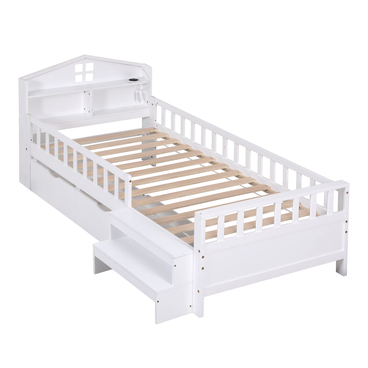 Tarsia Bed Frame Storage Drawers Montessori Bed with Headboard USB Ports & Led Light - White Single