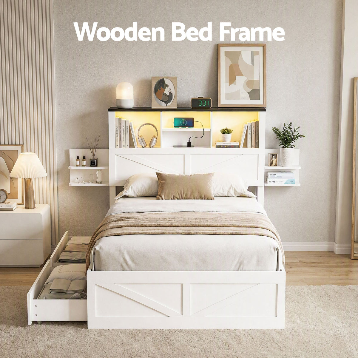 Madrid Bed Frame with Storage Drawers White Platform LED - White Single